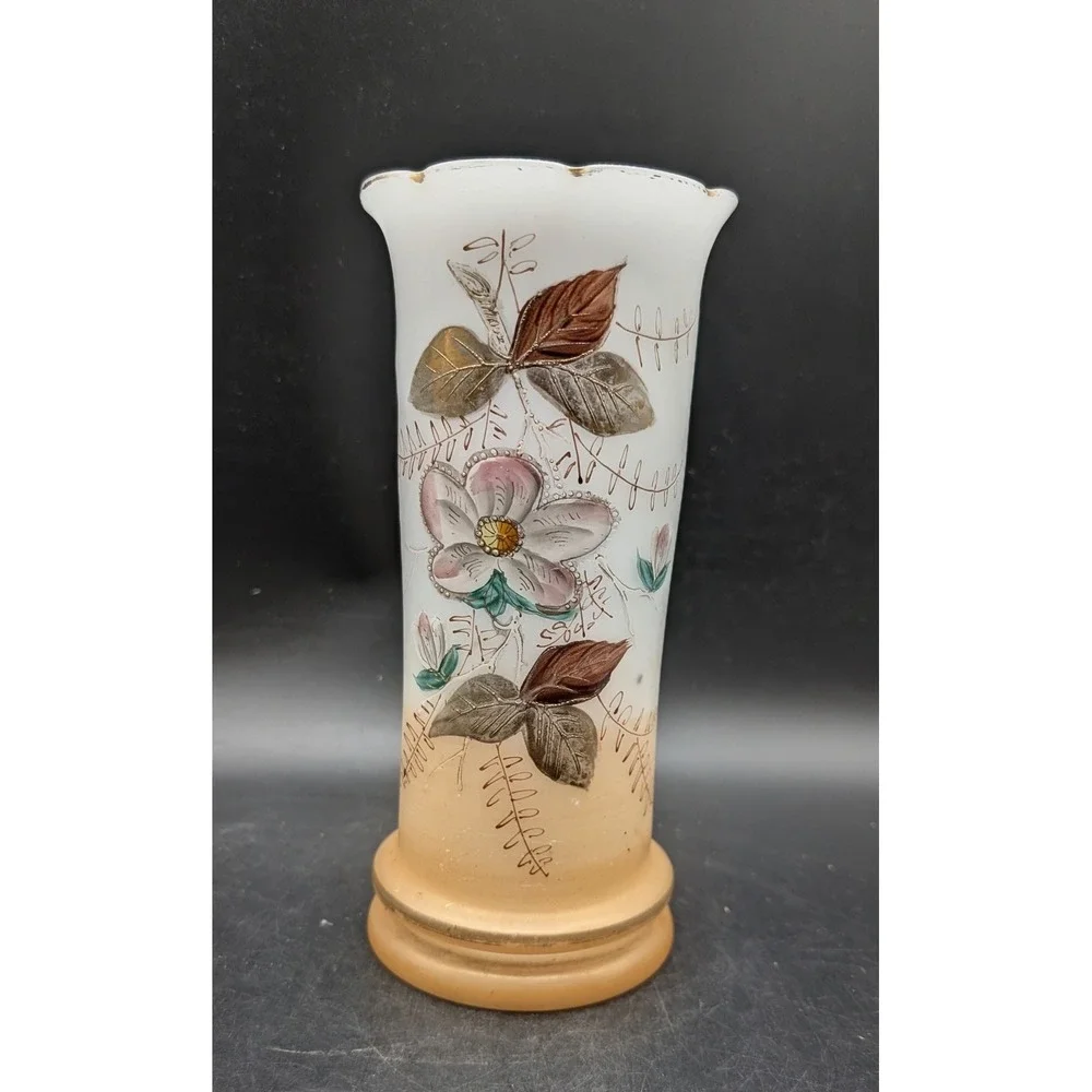 Antique Bristol Glass Vase Hand Painted Floral Frosted Scalloped Rim Peach White